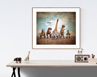 Dinosaurs on the Run Photo Print, Vintage Sky, Boys Room Decor