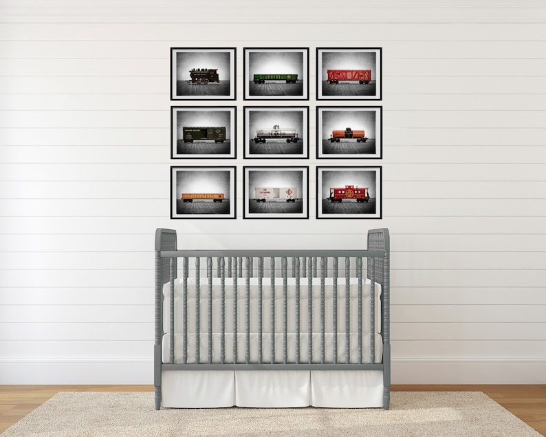 Train Decor for Boys Room, Vintage Toy Trains set of Nine Photo Prints, Boys Nursery Decor, Rustic Decor Toy Trains, Baby room ideas Vintage Grey