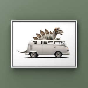 Stegosaraus Driving 1960s White VW Bus, Art Print, Dino Drivin Room Decor, Dinosaur Art, unframed print or canvas image 2