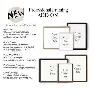 May include: A graphic showing different framing options for artwork. The text reads "Professional Framing Add On".  The image shows three different frames in black, brown, and white wood. The text "Your photo here" is in each frame. The image also shows three different canvas options in black, brown, and white wood. The text "Your canvas here" is in each frame.