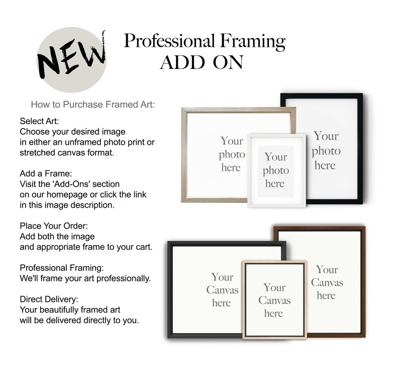 May include: A graphic showing different framing options for artwork. The text reads "Professional Framing Add On".  The image shows three different frames in black, brown, and white wood. The text "Your photo here" is in each frame. The image also shows three different canvas options in black, brown, and white wood. The text "Your canvas here" is in each frame.