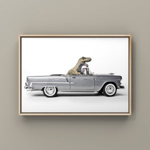 Tyrannosaurus Driving 55 Chevy Bel Air convertible, Photo Print, Boys Room Decor, Dinosaur Art, unframed print or canvas Silver