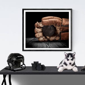 Nice Catch Hockey Glove and Puck on Classic Black Photo art Print, Boys Room decor, Boys Hockey decor, Sport Prints, Man Cav