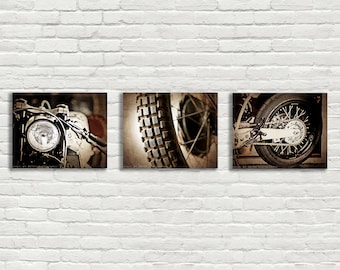 Set of 3 Vintage Motorcycle Parts Closeup Brown Tones, Fine Art Photo Prints, Mod decor, wall art, motorcycle prints, man ca