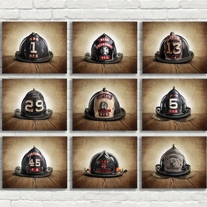 May include: Nine vintage firefighter helmets with different numbers and patches. The helmets are black leather with red and white lettering. The helmets are displayed on a wooden surface.