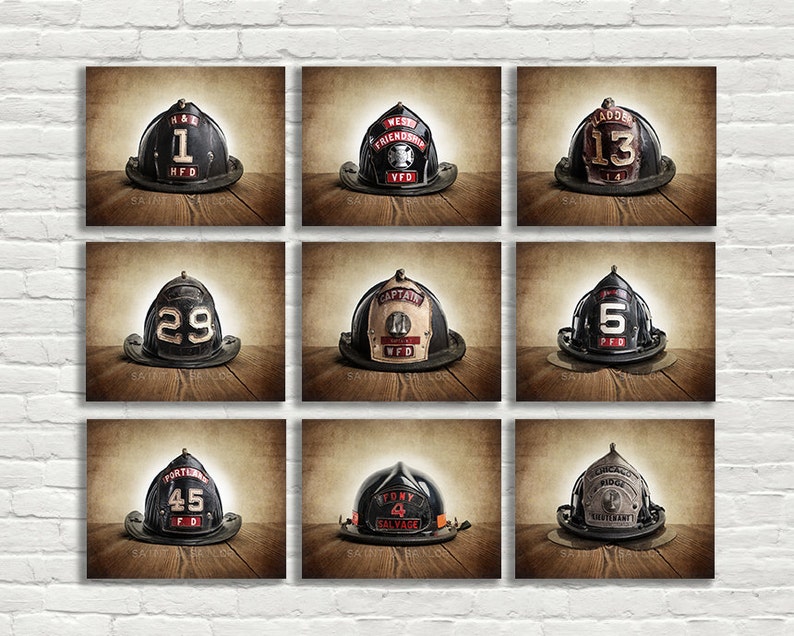 May include: Nine vintage firefighter helmets with different numbers and patches. The helmets are black leather with red and white lettering. The helmets are displayed on a wooden surface.