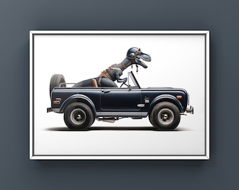 Blue Dino Driving 1970s Midnight Blue Scout, Art Print, Dino Drivin Room Decor, Dinosaur Art, unframed print or canvas