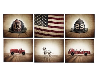The Fireman Setof 6 Photo Prints, Fireman themed decor, Boys Room Decor, Fire truck Wall Art