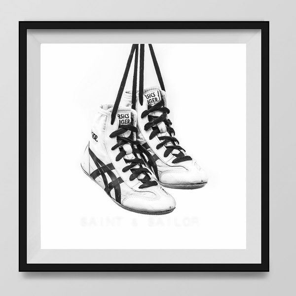 Black and White Vintage Wrestling Shoes on White Photo Print, Rustic Decor, Boys Room, Sports Theme room