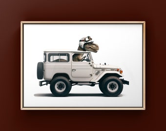 Dino Driving Cream Land Cruiser Art Print, Dino Room Decor, Dinosaur Art, unframed print or canvas