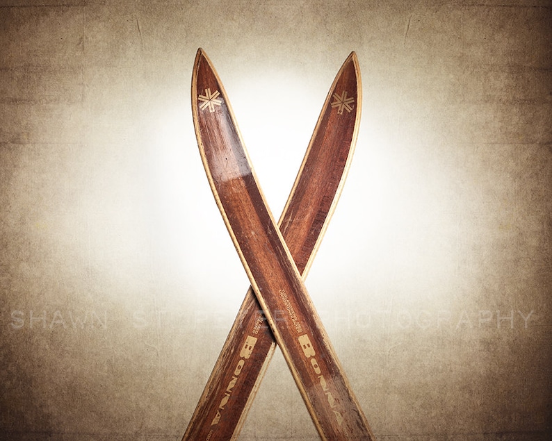 Vintage Crossed Wooden Skis Photo Print Wall Decor Art Kids Room Gift Ideas Snow Sports Ski Photos