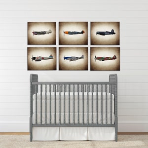 Airplane Art, Vintage WWII Airplanes Set of 6 Canvas Prints, Boys Room Decor, Airplane Wall Art image 1
