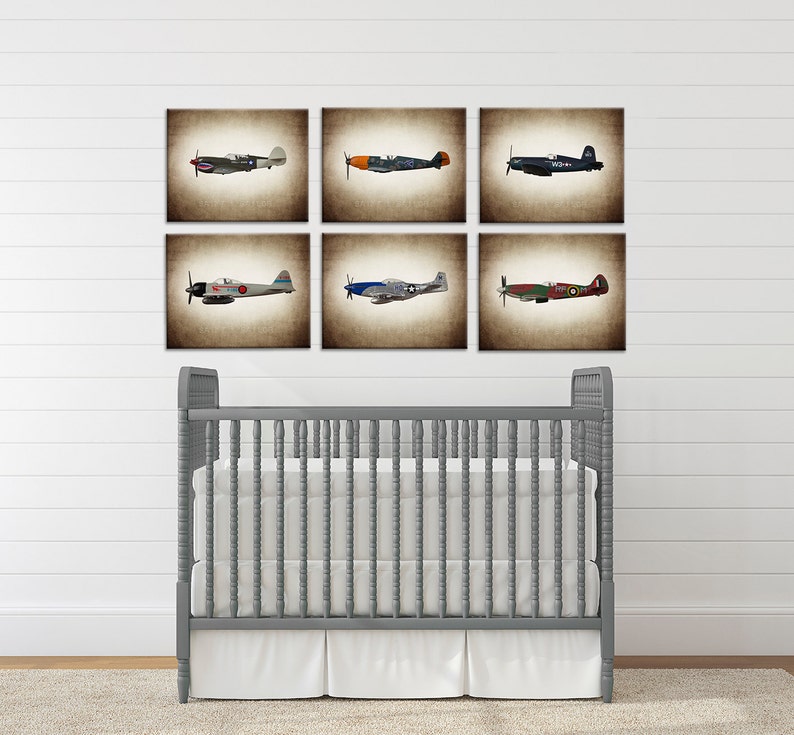 Airplane Art, Vintage WWII Airplanes Set of 6 Canvas Prints, Boys Room Decor, Airplane Wall Art image 1