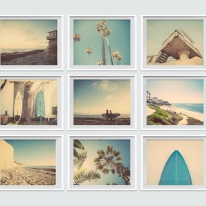 Set of 9 Surf Beach Decor Photo prints, beach photos, , yellow, turquoise, sunset, retro, vintage surf home decor, beach wall art image 1