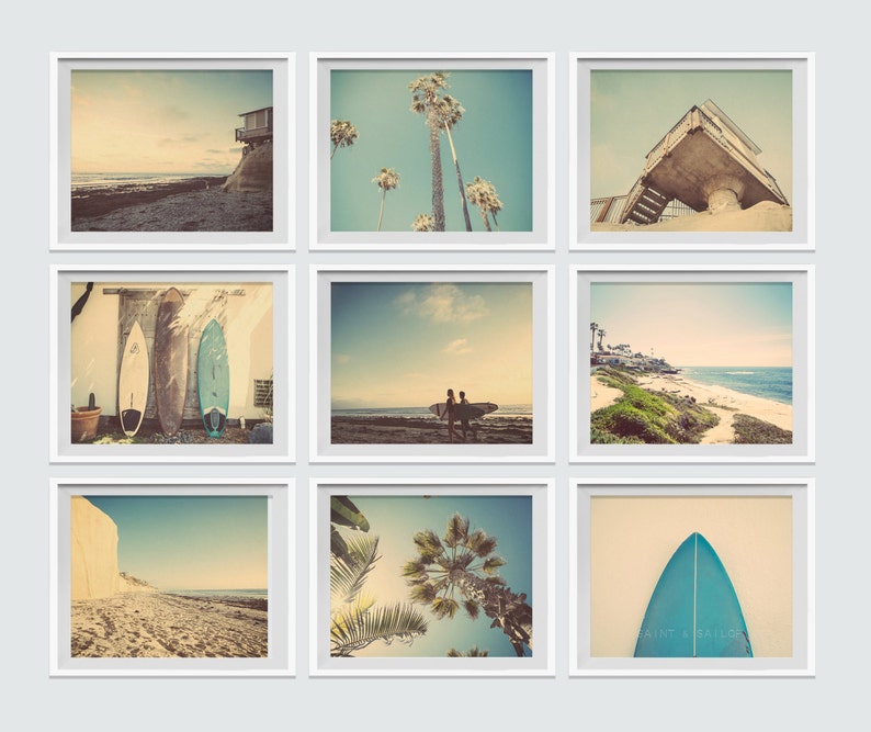 Set of 9 Surf Beach Decor Photo prints, beach photos, , yellow, turquoise, sunset, retro, vintage surf home decor, beach wall art image 1