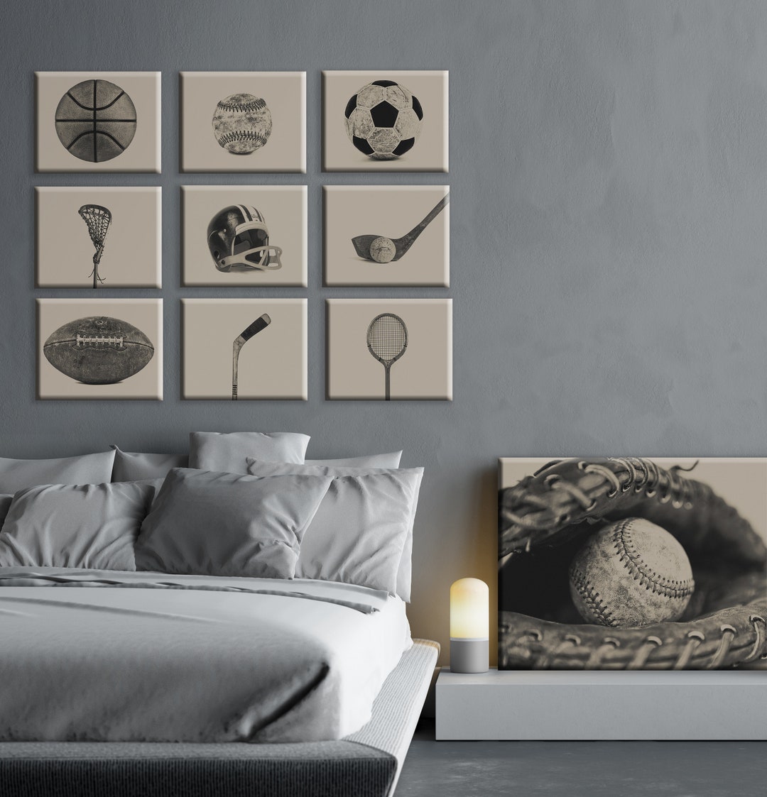 Sports Wall Art Set, Vintage Sepia Sports Collection Set of Nine Canvas Prints, Popular Right