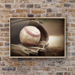 Vintage Baseball in Glove Photo Print, Baseball Nursery Art image 1