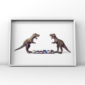 T-Rex Car face off, Dinosaur, Photo Print, Boys Room Decor, Dinosaur Art, Dinos and cars, print or canvas