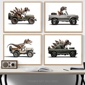 Set of Four Dinos Driving 4x4s, Photo Prints, Dino Nursery Decor, Dinosaurs in cars Wall art, Jeep, Bronco, Rovers