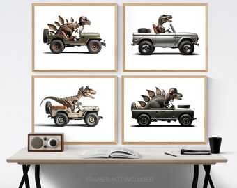 Set of Four Dinos Driving 4x4s, Photo Prints, Dino Nursery Decor, Dinosaurs in cars Wall art, Jeep, Bronco, Rovers