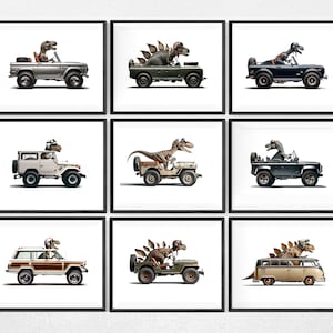 Dinos driving 4x4s Jeeps, SUVs and a Van, Set of Nine Unframed Art prints, Dino Nursery Decor, Dinos in Trucks ,Kids dinosaur art image 2