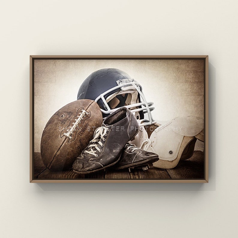Vintage Football Gear Navy Blue Helmet Photo Print, Wall Decor, Wall Art, Kids Room, Rustic Decor, Vintage Sports, Man Cave, image 1