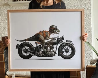 May include: A brown and black motorcycle with a dinosaur wearing a helmet riding it. The motorcycle has a Harley Davidson logo and the license plate reads "110223".