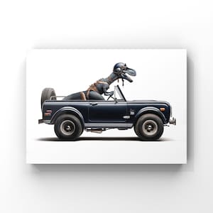 Blue Dino Driving 1970s Midnight Blue Scout, Art Print, Dino Drivin Room Decor, Dinosaur Art, unframed print or canvas image 6