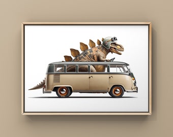 Stegosaraus Driving 1960s Tan and Green VW Bus, Art Print, Dino Drivin Room Decor, Dinosaur Art, unframed print or canvas