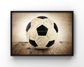 Vintage Soccer Ball Print, Rustic Barn Wood, Boys Room Decor