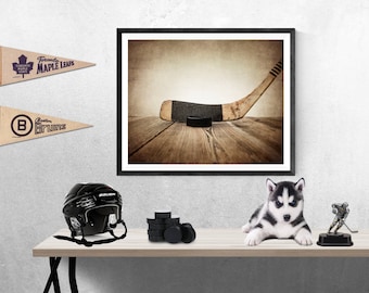 Vintage Hockey Stick and Puck on Wood Photo Photographic art Print, Boys Room decor, Boys Nursery Ideas, Sports art, Sport Prints, Man Cav