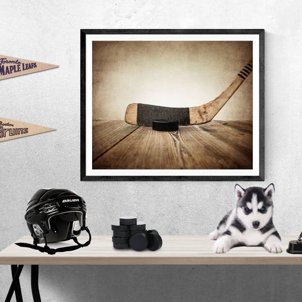 Vintage Hockey Stick and Puck on Wood Photo Photographic art Print, Boys Room decor, Boys Nursery Ideas, Sports art, Sport Prints, Man Cav