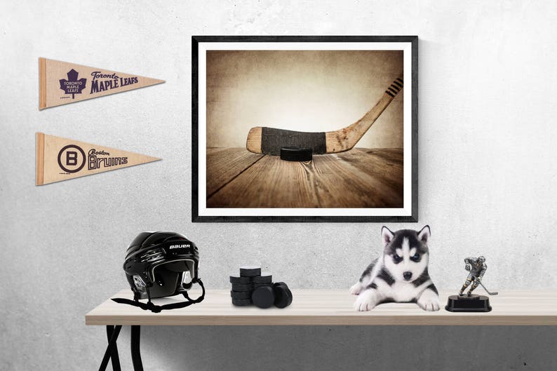 Vintage Hockey Stick and Puck on Wood Photo Photographic art Print, Boys Room decor, Boys Nursery Ideas, Sports art, Sport Prints, Man Cav image 1