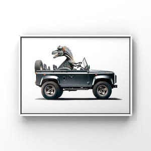 Dinos driving 4x4s Jeeps, SUVs and a Van, Set of Nine Unframed Art prints, Dino Nursery Decor, Dinos in Trucks ,Kids dinosaur art image 4