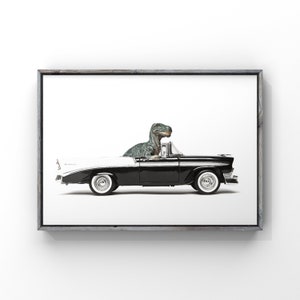 Dino Driving 57  Chevy Bel Air convertible, Photo Print, Boys Room Decor, Dinosaur Art, unframed print or canvas