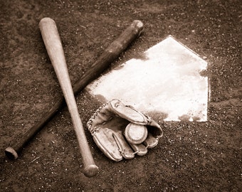 Bats, glove and ball crossed at home plate Wide angle in sepia tone Photo Print