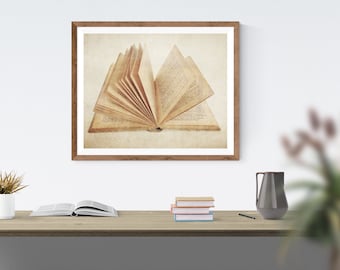Impresión fotográfica de libro abierto, arte de pared con páginas de libros antiguos