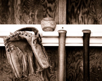 Bats, glove and ball in the dugout in sepia tone Photo Print, Decorating Ideas, Wall Decor, Wall Art,  Kids Room, Nursery Ideas, Gift Ideas