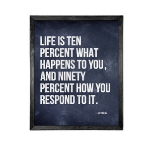 Lou Holz Quote, Life is 10 Percent what happens to you and 90 Percent how you respond, Canvas or Unframed Print Sports Quotes White on Navy