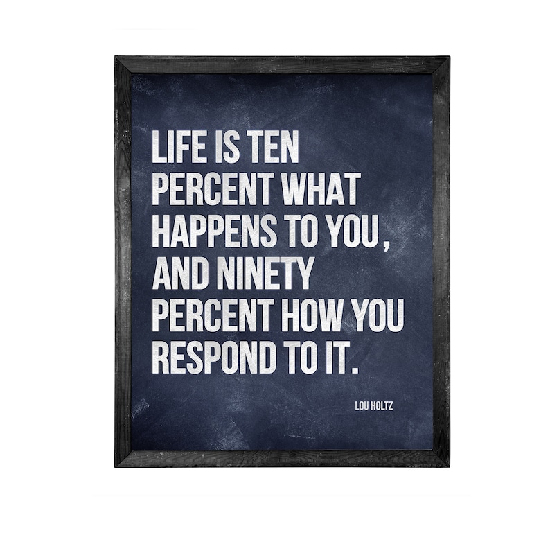 Lou Holz Quote, Life is 10 Percent what happens to you and 90 Percent how you respond, Canvas or Unframed Print Sports Quotes White on Navy