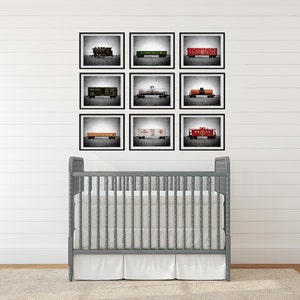 Train Decor For Boys rooms, Vintage Toy Trains set of Nine Photo Prints on Grey Background, Boys Nursery Decor, Rustic Decor Toy Trains
