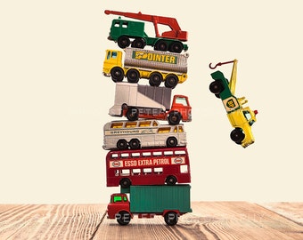 Vintage Stacked Matchbox Trucks Falling, Photo Print, Boys Room decor, Boys Nursery Prints