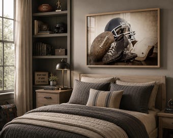 Vintage Football Gear Photo Print, Rustic Sports Decor, Retro Sports Wall Art Game Room