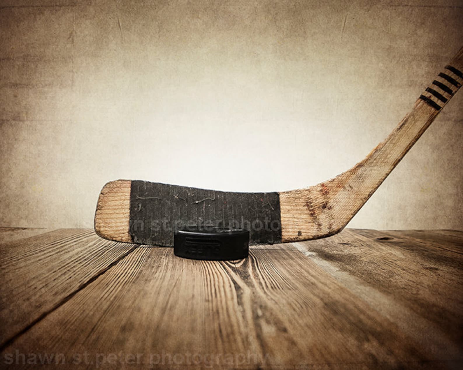 Vintage Hockey Stick and Puck on Wood Photo Photographic Art Etsy