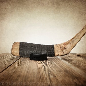 Vintage Hockey Stick and Puck on Wood Photo Photographic art Print, Boys Room decor, Boys Nursery Ideas, Sports art, Sport Prints, Man Cav image 2