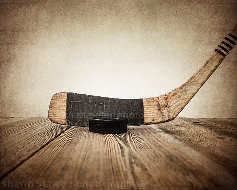 Vintage Hockey Stick and Puck on Wood Photo Photographic art Print, Boys Room decor, Boys Nursery Ideas, Sports art, Sport Prints, Man Cav image 2