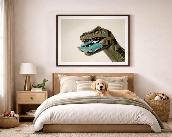Dinosaur Eating Car Unframed Photo Print, Boys Room Art