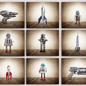 Set of 9  Retro Space Rockets, Rayguns and Robots photo Prints- Sci Fi wall art