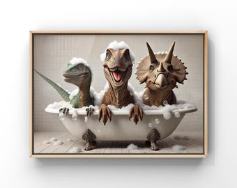 May include: Three dinosaurs, a green velociraptor, a brown T-Rex, and a brown triceratops, are having a bath in a white bathtub with bubbles. The dinosaurs are smiling and seem to be enjoying their bath.