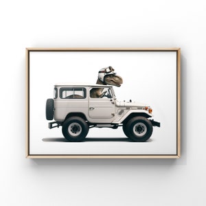 Dinos driving 4x4s Jeeps, SUVs and a Van, Set of Nine Unframed Art prints, Dino Nursery Decor, Dinos in Trucks ,Kids dinosaur art image 6